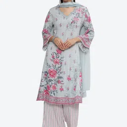 Biba Floral Printed Thread Work A-Line Kurta with Palazzos & Dupatta-21