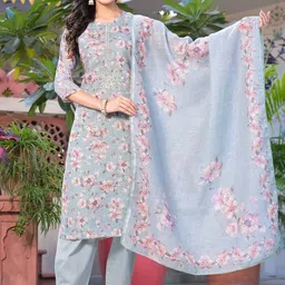 Label Khoj Floral Printed Thread Work Straight Linen Kurta With Trousers & Dupatta-picture-14