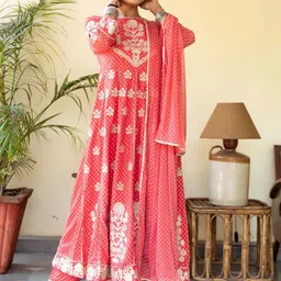 KALINI Ethnic Motifs Embroidered A-Line Kurta with Palazzos & Dupatta-image-71