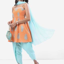 Vishudh Peach-Coloured & Blue Floral Printed Kurta With Dhoti Pants & Dupatta-57