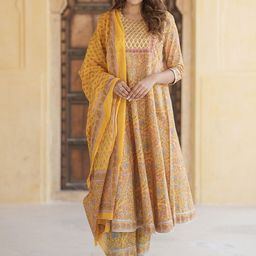 KALINI Floral Printed Pure Cotton Anarkali Kurta With Trousers & Dupatta-picture-26