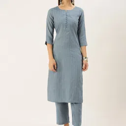 Saanjh Blue Notched Neck Striped Kurta with Trousers-picture-16