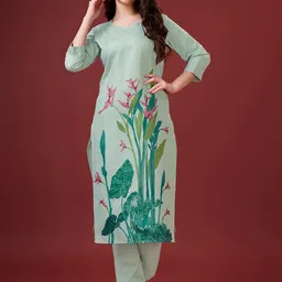 MOJILAA Floral Printed Round Neck Three-Quarter Sleeves Linen Kurta with Trousers-picture-13