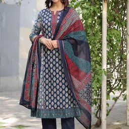 Rain & Rainbow Women Ethnic Motifs Printed Regular Beads and Stones Pure Cotton Kurta with Trousers & With-image-27