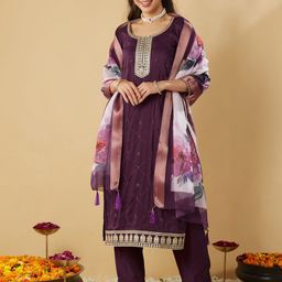 MOKOSH Ethnic Motifs Embroidered Sequinned Straight Kurta With Trousers & Dupatta-image-46