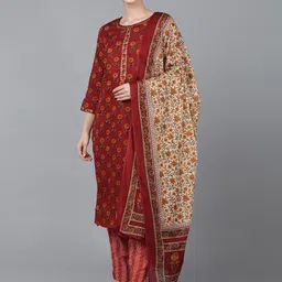 AHIKA Women Red Floral Printed Pure Cotton Kurta with Trouser With Dupatta-picture-26