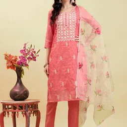 Anouk Pink Floral Embroidered Chanderi Silk Kurta with Trousers & Dupatta-image-14