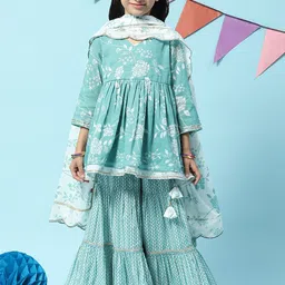 Biba Girls Floral Printed Gotta Patti Sequined A-Line Kurti with Sharara & Dupatta-image-88