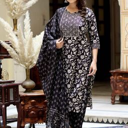 MIRAVAN Floral Printed Regular Pure Cotton Straight Kurta With Palazzos & Dupatta-9