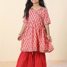 Sangria Girls Floral Printed V-Neck Angrakha Kurta & Sharara-image-41