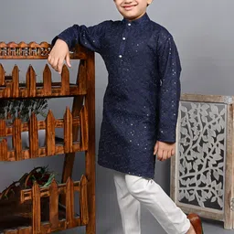 ahhaaaa Boys Embroidered Band Collar Sequinned Regular Kurta with Pyjamas-41