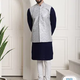 SOJANYA Ethnic Motifs Embroidered Pure Cotton Straight Kurta With Pyjamas & Nehru Jacket-picture-29