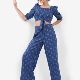 Vishudh Navy Blue Floral Printed Puff Sleeves Tie Ups Detail Regular Top With Palazzos-19