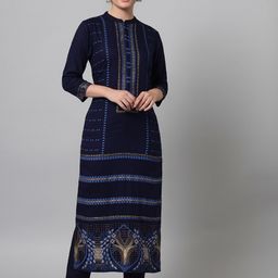 Tulsattva Women Navy Blue Ethnic Motifs Printed Kurta with Trousers-picture-11