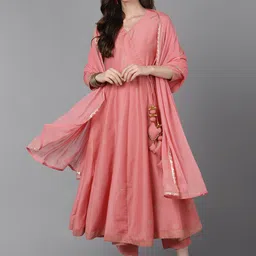 AHIKA Women Pink Floral Printed Angrakha Anarkali Kurta with Trouser With Dupatta-image-7
