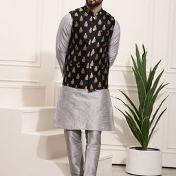 SOJANYA  Band Collar Zari Work Kurta With Churidar & Embroidered Nehru Jacket-picture-52