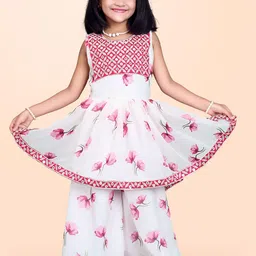 BAESD Girls Floral Printed Mirror Work Pleated Georgette A-Line Kurta With Palazzos-image-2