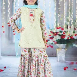 Little Bansi Girls Cotton Garden Print Round Neck Kurta Sharara & Dupatta-picture-37