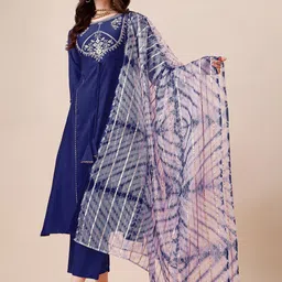 KALINI Ethnic Motifs Yoke Design Thread Work Detail A-Line Kurta & Trouser With Dupatta-picture-13
