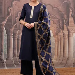 Vishudh Navy Blue Mirror Work Zari Straight Kurta with Palazzo & Dupatta-19