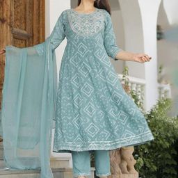 SINGNI Ethnic Motifs Embroidered Round Neck Three-Quarter Sleeves Anarkali Kurta Set-46