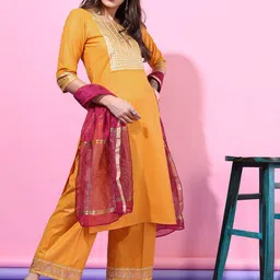 Vishudh Women Yellow Ethnic Motifs Yoke Design Kurta with Trousers & With DupattA-image-88