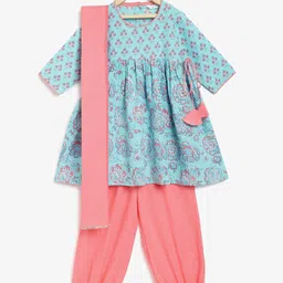 Campana Girls Floral Printed Empire Pure Cotton Anarkali Kurti With Salwar &  Dupatta-image-52