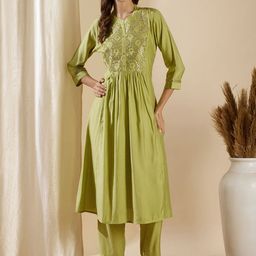 FASHOR Women Floral Embroidered Band Collar A-Line Mirror Work Kurta with Trousers-image-56
