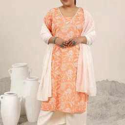 EXTRA LOVE BY LIBAS Plus Size Floral Printed Sequinned Kurta With Palazzos & Dupatta-image-0