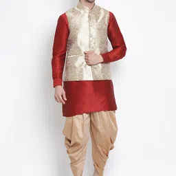 VASTRAMAY Men Maroon Layered Kurta with Dhoti Pants-picture-11
