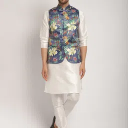Kaifoo Band Collar Kurta With Churidar & Nehru Jacket-29