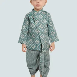 Ethniks Neu-Ron Boys Ethnic Printed Mandarin Collar Long Sleeves Pure Cotton Kurta Sets-image-55