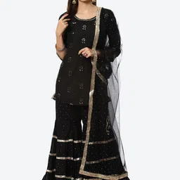 Biba Women Black Printed Chanderi Silk Kurta with Sharara & Dupatta-picture-26