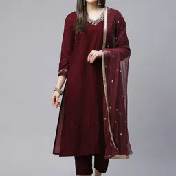 Divena Women Floral Yoke Design Zardozi Velvet Kurta With Trousers & Dupatta-image-4