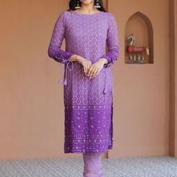 HANDME Ethnic Motifs Embroidered Chikankari Kurta with Trousers-image-95