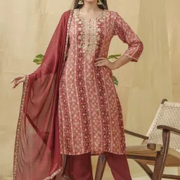 House of Pataudi Bandhani Printed Thread Work Linen Kurta With Trousers & Dupatta-45