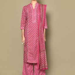 MIRAVAN Mandarin Collar Floral Printed Pure Cotton Straight Kurta with Palazzo & Dupatta-picture-25