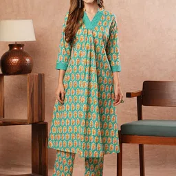 FASHOR Ethnic Motifs Printed Pleated Pure Cotton Anarkali Kurta With Trouser-37