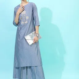 Vishudh Women Blue Striped Kurta with Palazzos-image-75