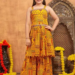 Aarika Girls Ethnic Motifs Printed Pleated Mirror Work Kurta With Sharara-image-69
