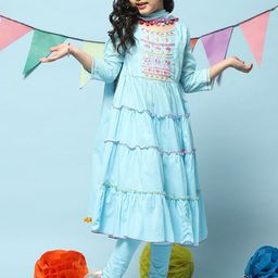 Biba Girls Embroidered Layered Thread Work Kurta With Trousers & Dupatta-image-64