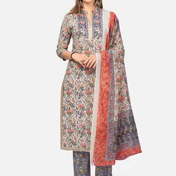 Vbuyz Women Blue Ethnic Motifs Printed Thread Work Pure Cotton Kurta with Trousers & With Dupatta-1