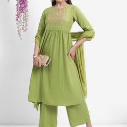 Vishudh Green Floral Embroidered Keyhole Neck Kurta With Palazzos & Dupatta-picture-33