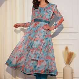 KALINI Floral Printed Anarkali Organza Kurta & Trouser With Dupatta-37