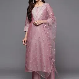Visit Wear Embroidered Regular Sequinned Chanderi Silk Kurti with Trousers & Dupatta-picture-9