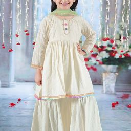 Little Bansi Girls Floral Embroidered Thread Work Pure Cotton Kurta with Sharara & Dupatta-image-30