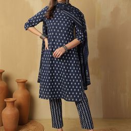 Anouk Navy Blue Ethnic Motifs Printed Pure Cotton Notch-Neck Kurta With Trousers & Dupatta-image-44