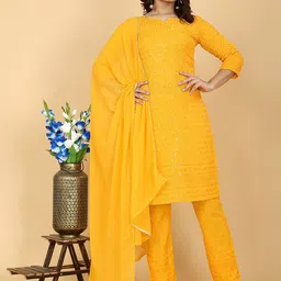 PRENEA Women Embroidered Sequinned Kurta & Trousers & With Dupatta-picture-21