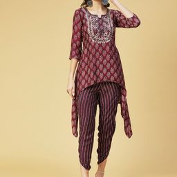 FASHOR Women Maroon Floral Printed Gotta Patti Kurta with Dhoti Pants-picture-56
