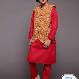 Aks Kids Boys Mandarin Collar Straight Kurta With Pyjamas With Nehru Jacket-picture-54